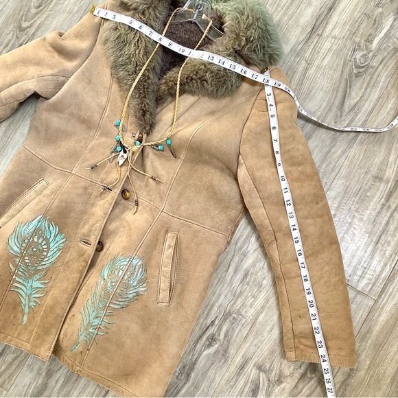Handpainted Shearling rustic suede AQUA OMBRA leather Gypsy jacket blue feathers - Picture 13 of 16